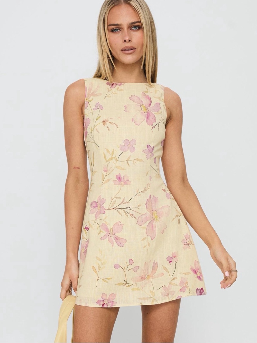 Princess Polly Pale Yellow Mini Dress with Pink Floral Print